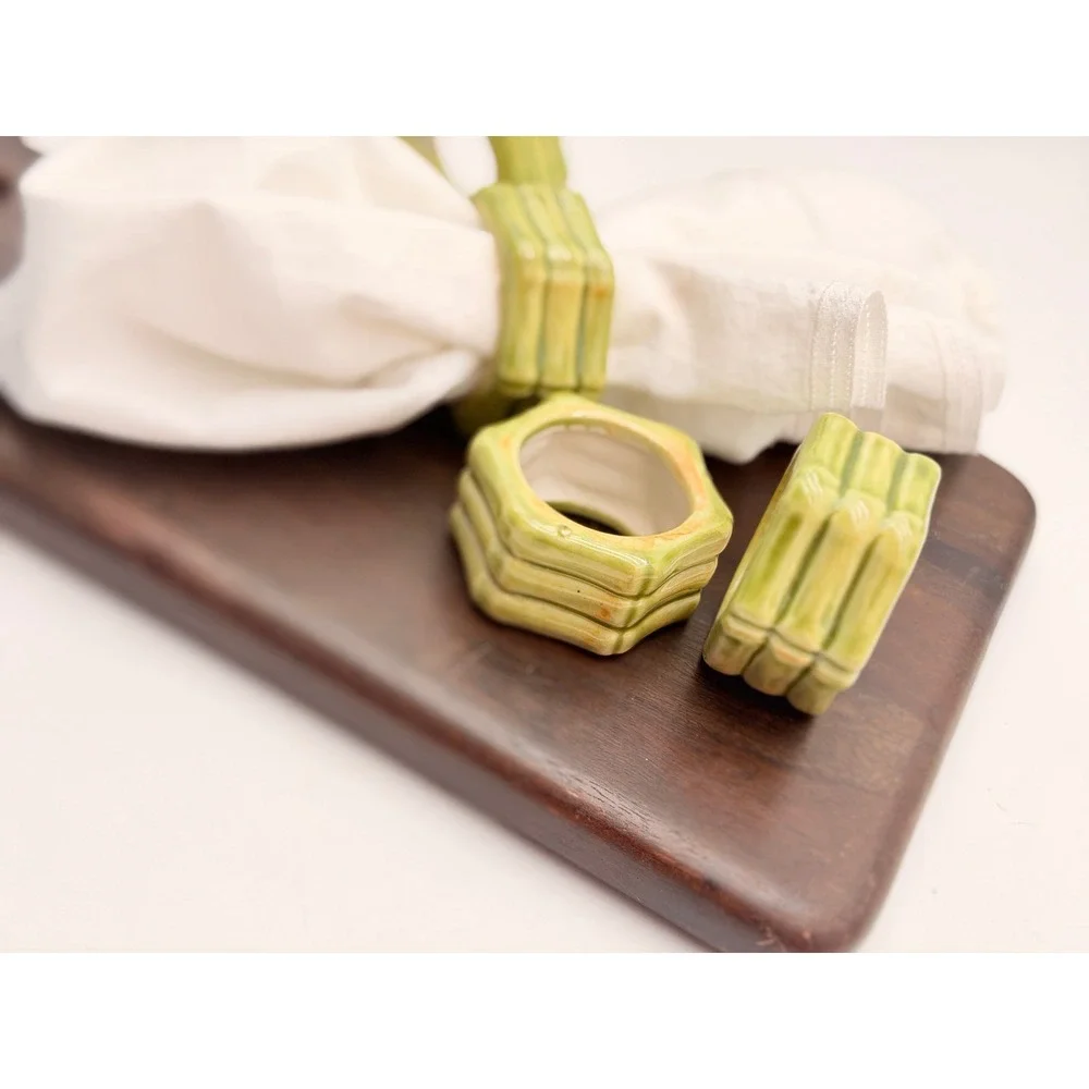 Vintage Green Faux Bamboo Ceramic Napkin Rings Set  5 Hexagon Chinoiserie Glazed
